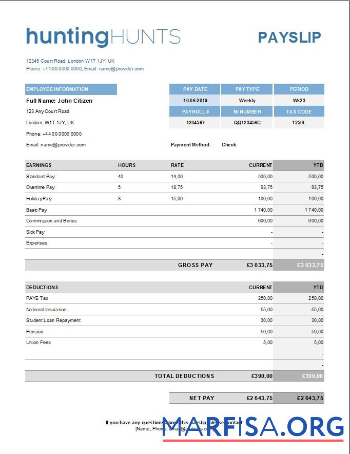 Downloadable Hunting company paystub download for verification